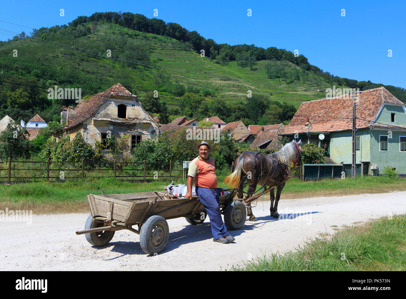 Un local avec son cheval et panier à BIERTAN (Transylvanie), Roumanie Banque D'Images