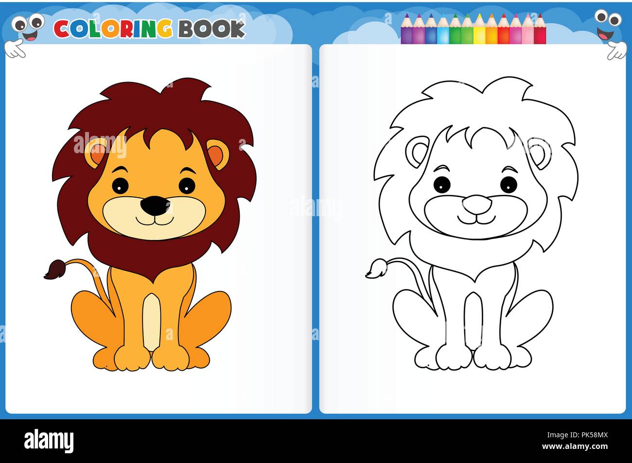 Coloriage lion mignon avec échantillon coloré feuille imprimable au préscolaire / jardin d'enfants pour améliorer les compétences de base de la coloration Illustration de Vecteur