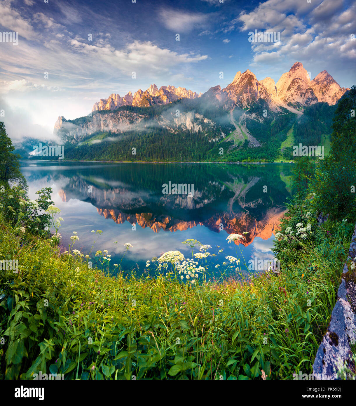 Matin d'été ensoleillé sur le lac Gosausee Vorderer dans les Alpes autrichiennes. L'Autriche, de l'Europe. Banque D'Images