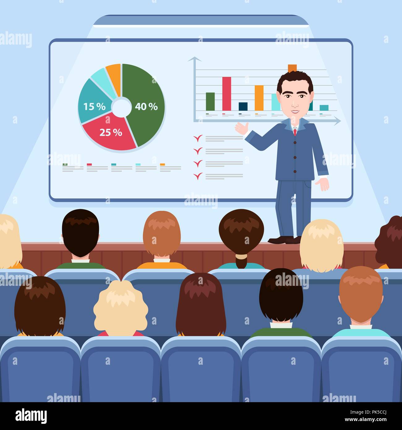 Homme d'affaires en costume cravate faire présentation expliquant les graphiques de sélection pour l'auditoire dans la salle de conférence, séminaire, formation, réunion, l Illustration de Vecteur