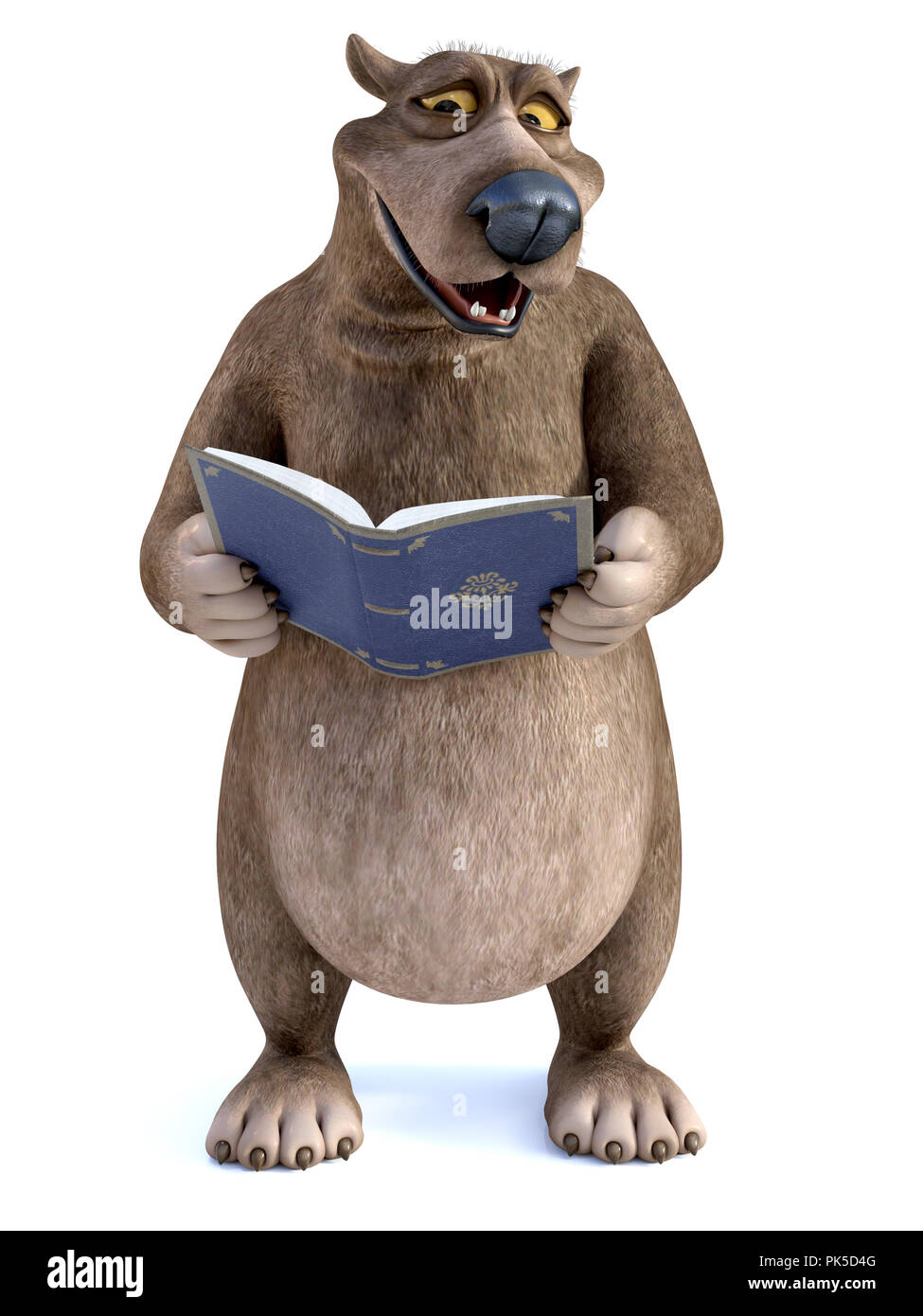 Le rendu 3D d'un charmant sourire cartoon bear tenant un livre dans sa main qu'il lit. C'est l'heure du conte ! Arrière-plan blanc. Banque D'Images