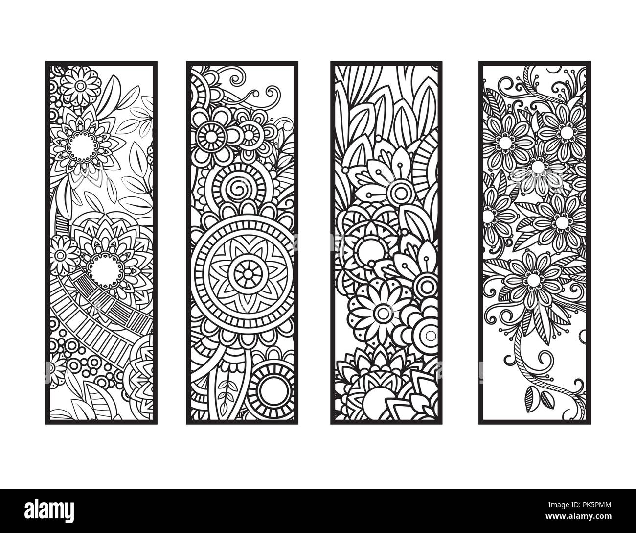 Ensemble de quatre pages en noir et blanc. Doodles fleurs et ornements pour des profils à colorier. Vector illustration. Illustration de Vecteur