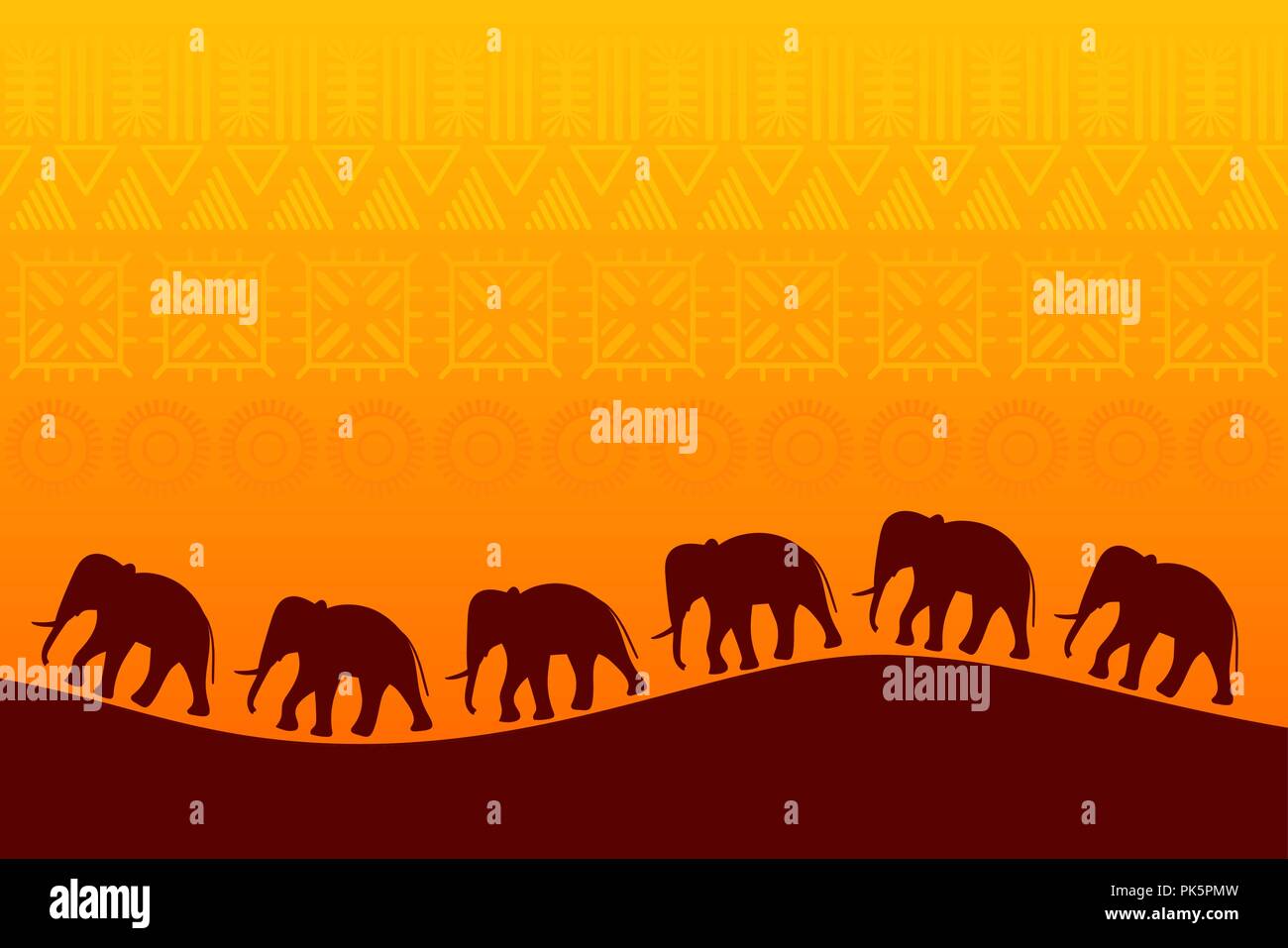 Paysage africain avec des éléphants silhouette. Arrière-plan de la faune. Vector illustration Illustration de Vecteur
