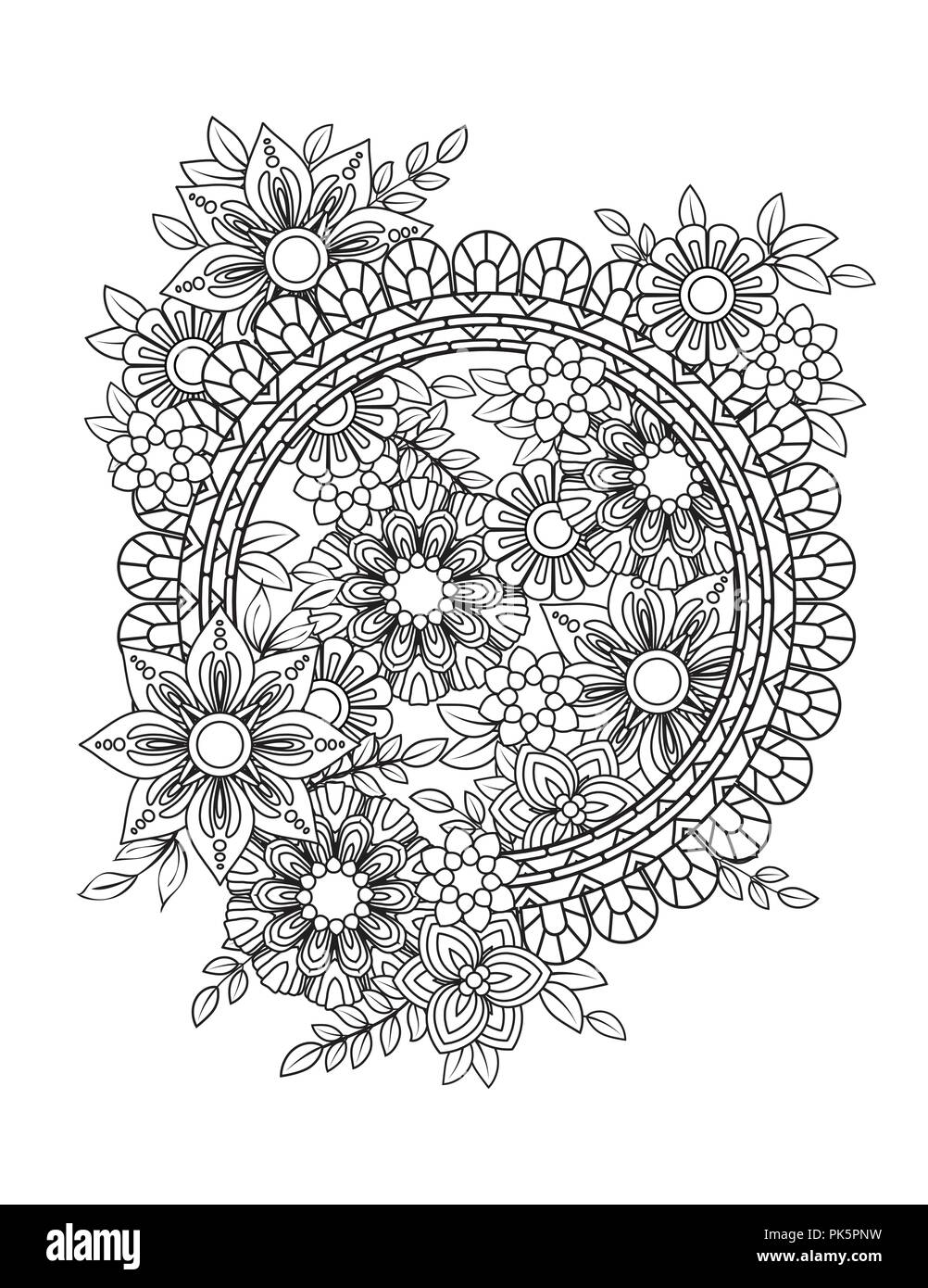 Motif floral mandala en noir et blanc. Livre de coloriage adultes page avec des fleurs et des mandalas. Motif Oriental, affiche des éléments décoratifs. . Hand drawn vector illustration Illustration de Vecteur