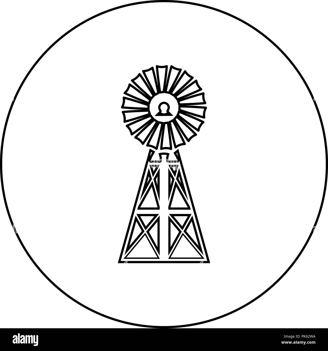 Moulin à vent éoliennes icône américaine classique couleur noir en cercle rond contours vector JE Illustration de Vecteur