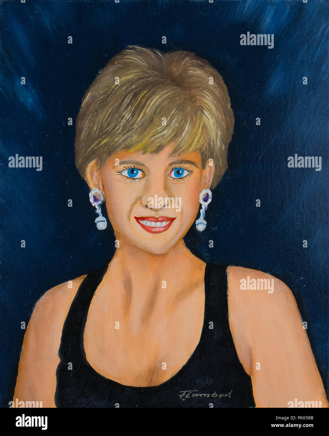 Peinture à l'huile d'une femme aux cheveux courts yeux bleus et big earrings Banque D'Images