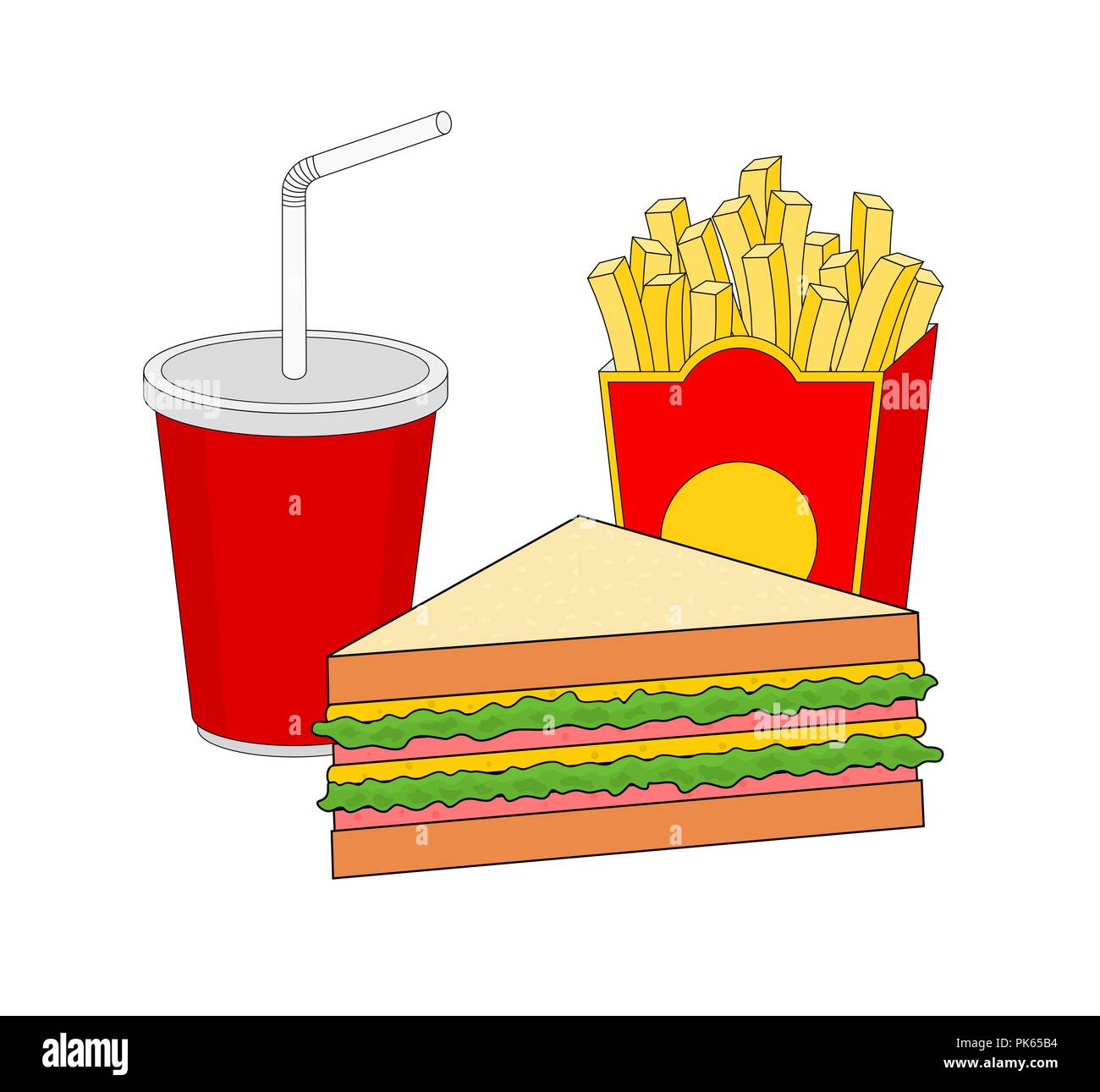 Délicieux isolés restauration rapide menu déjeuner avec sandwich au jambon , frites et boisson Illustration de Vecteur