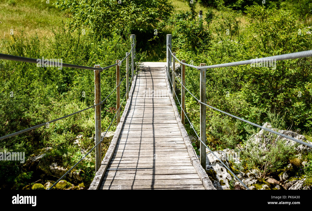 Pont suspendu en bois menant de l'avant au green mountain river. Rivière de montagne idyllique - Lepena valley, Soca - Bovec, Slovénie. Beau paysage s Banque D'Images