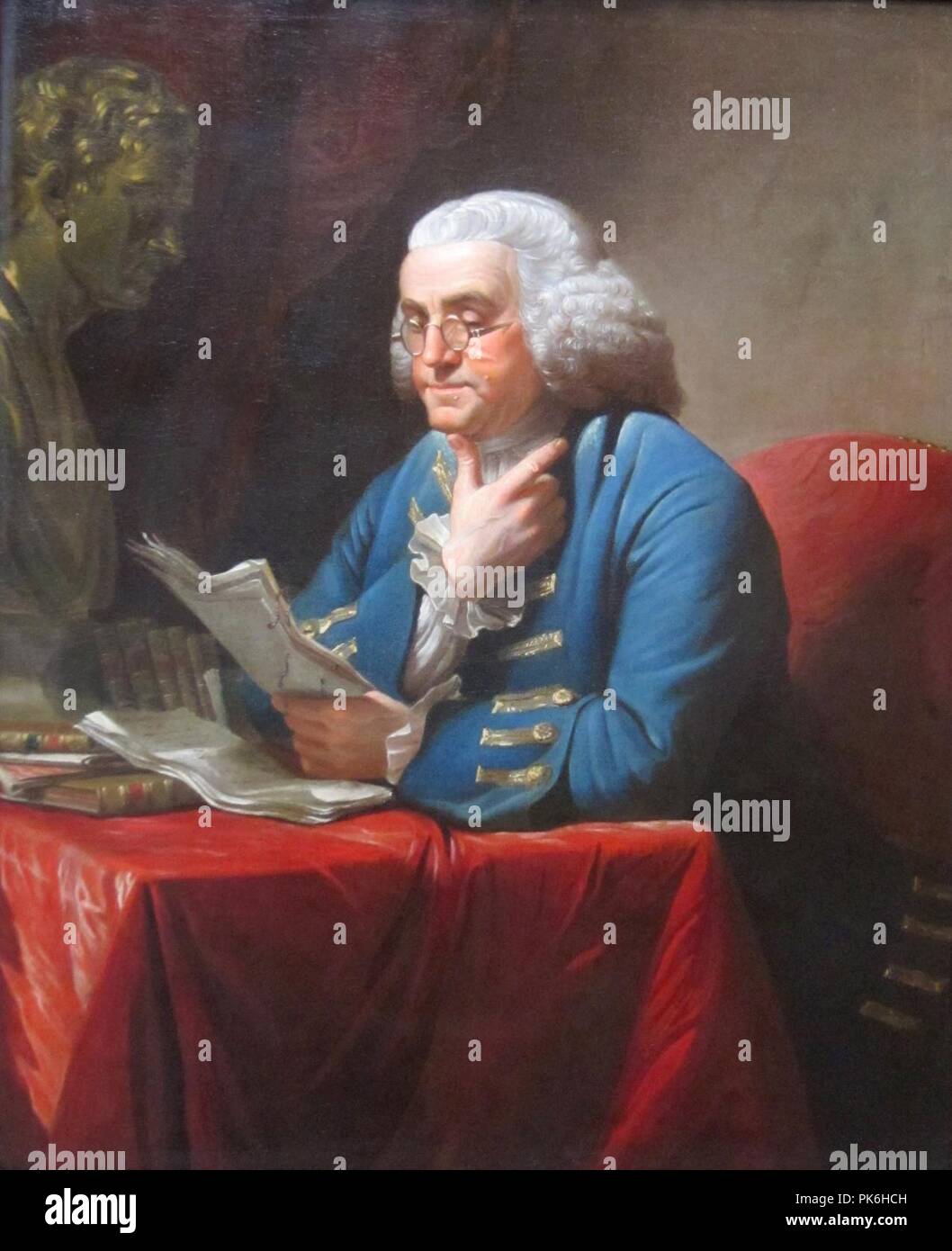 Benjamin Franklin avec buste de Isaac Newton par David Martin. Banque D'Images