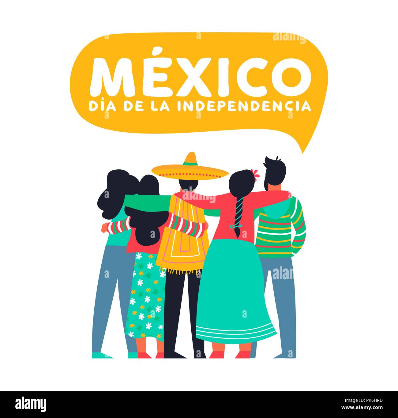 Joyeuse fête de l'indépendance du Mexique. Diverses personnes du Mexique amis groupe hugging ensemble pendant 16 septembre manifestation nationale celebrati Illustration de Vecteur