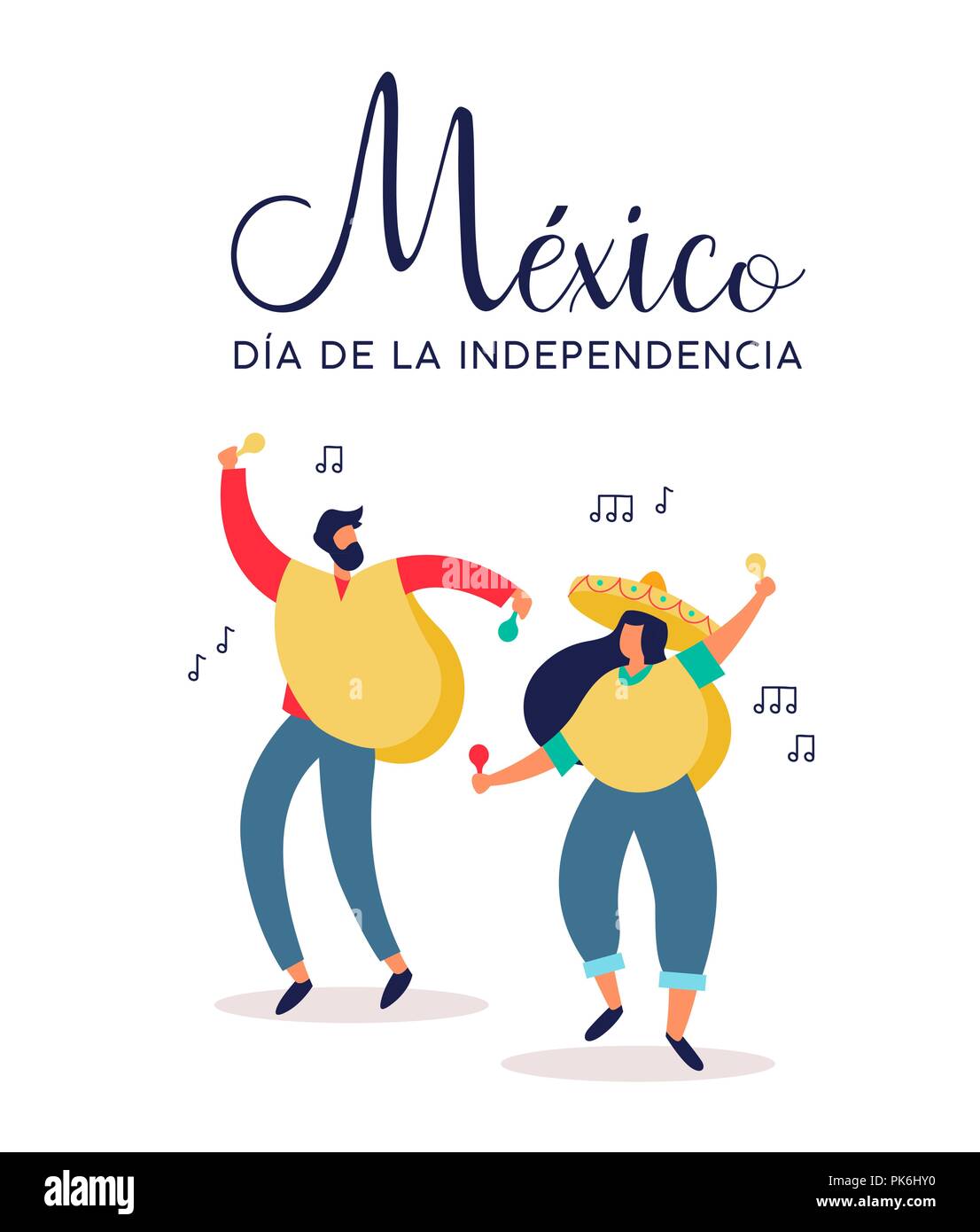 Le jour de l'indépendance du Mexique illustration en espagnol. Fun amis mexicains à partie avec chapeau typique poncho et les maracas pour septembre 16 e Illustration de Vecteur