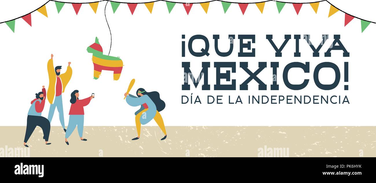 Le jour de l'indépendance du Mexique bannière web illustration. Les jeunes hommes et les femmes du groupe de personnes au parti traditionnel mexicain avec pinata, texte en langue espagnole quot Illustration de Vecteur