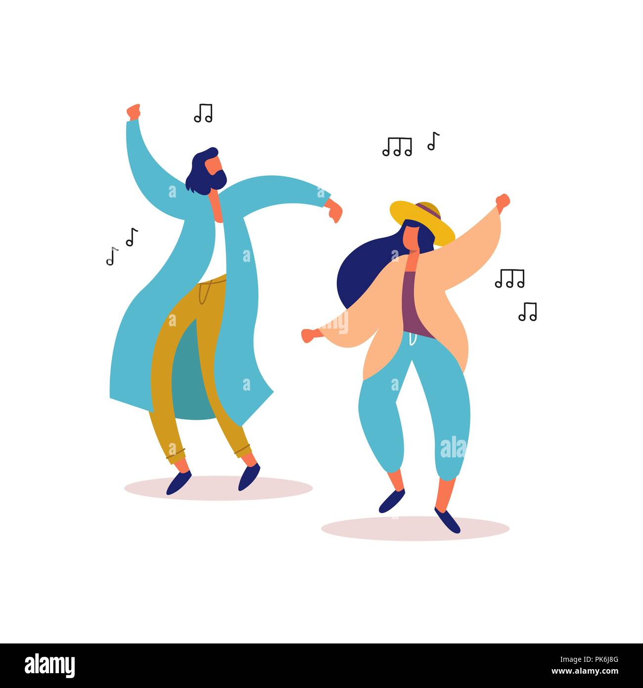 Jeune homme et femme amis danser ensemble pour faire la fête de la musique sur fond isolé. Les gens à l'élégant événement festival, concert en plein air ou club dance fl Illustration de Vecteur