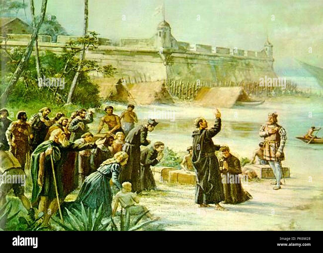 Benedito Calixto - Estácio de Sá em São Vicente (1565 detalhe 1). Banque D'Images