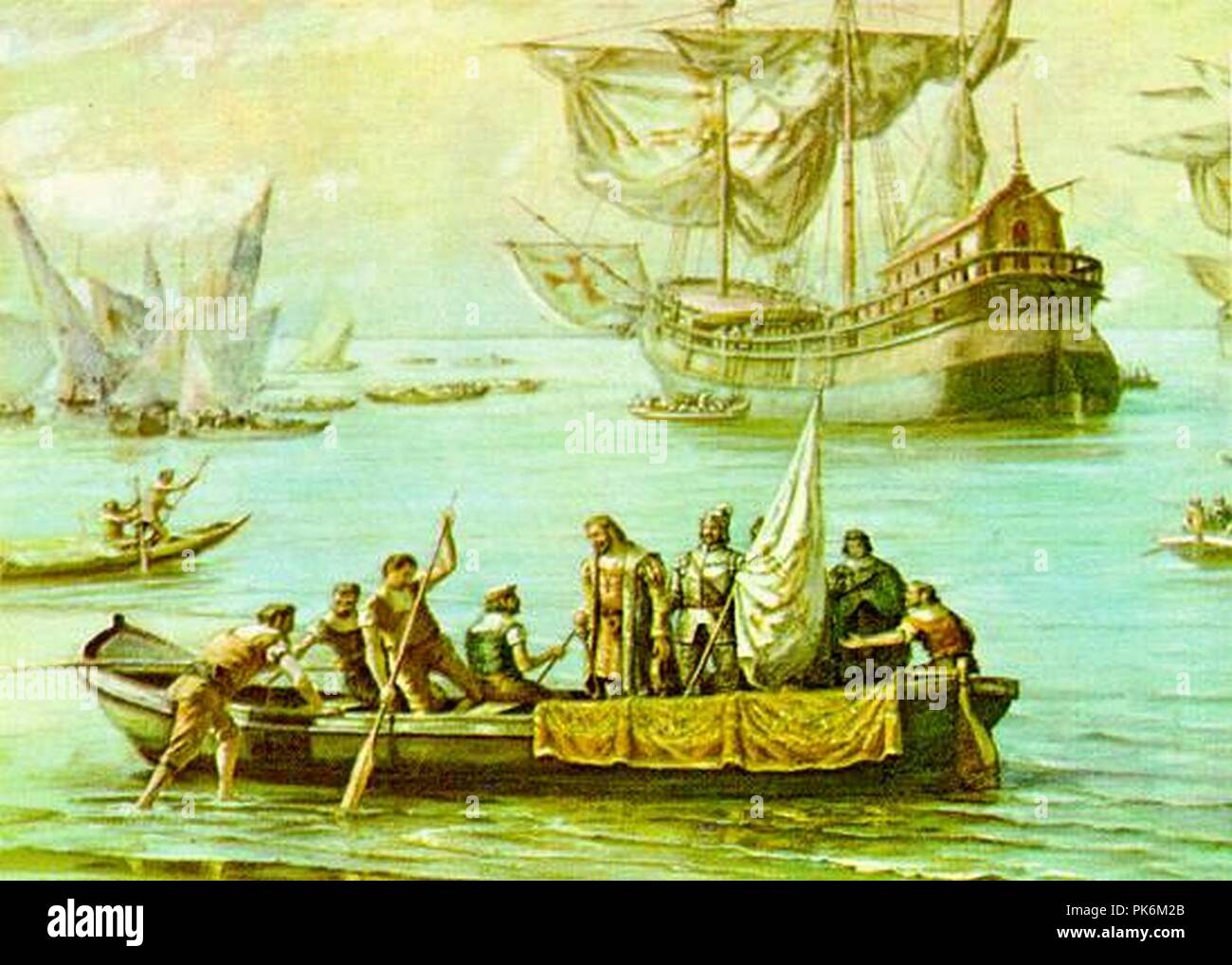 Benedito Calixto - Estácio de Sá em São Vicente (1565 detalhe 2). Banque D'Images