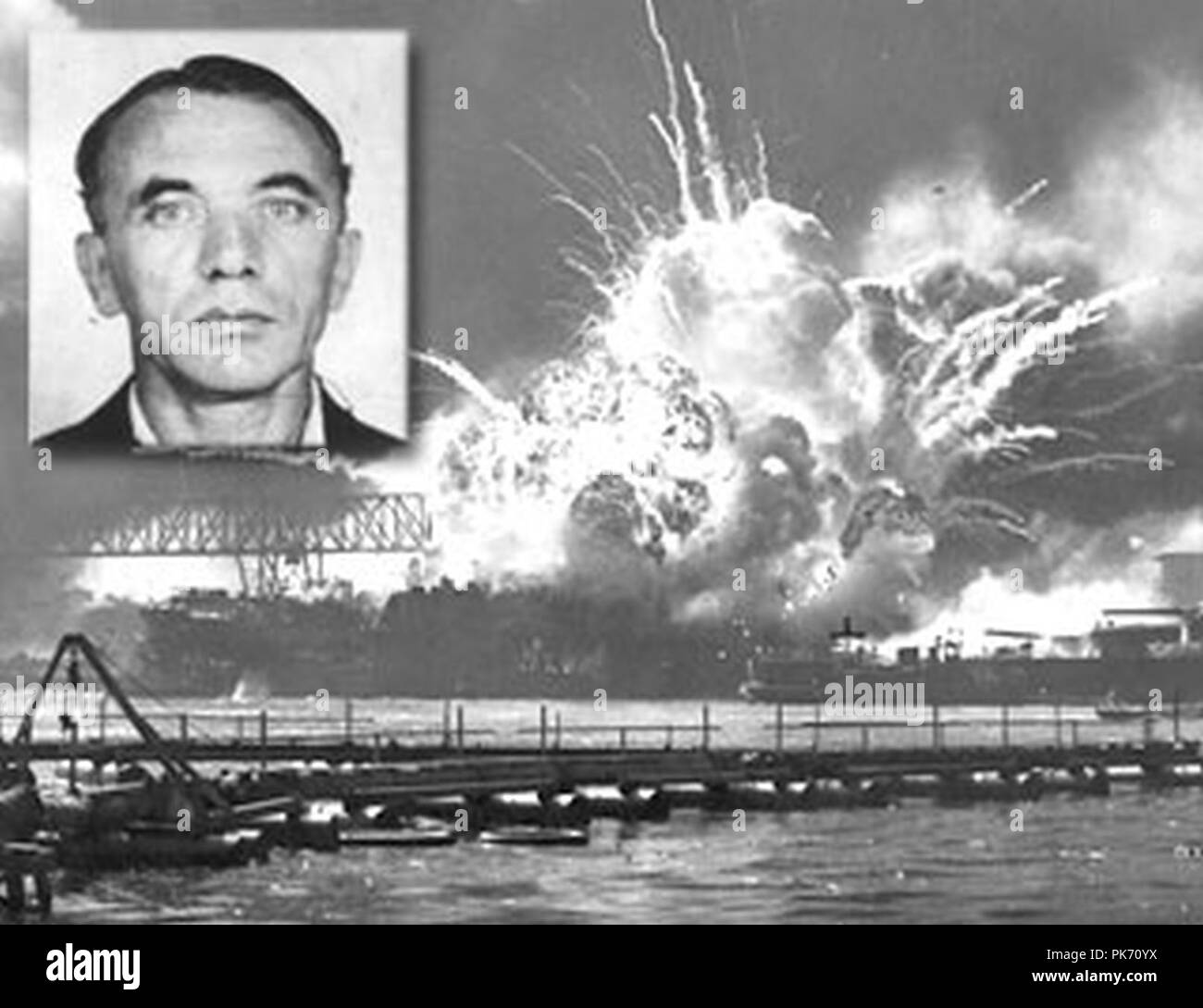 Bernard Julius Otto Kuehns mug shot superposée à l'explosion de l'USS SHAW - 1941. Banque D'Images