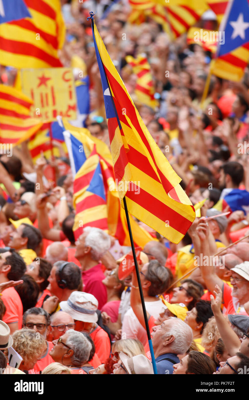 Barcelone, Espagne - 11 SEPTEMBRE : des milliers de personnes ont pris les principales avenues de Barcelone avec les drapeaux de l'indépendance à pleurer pour la liberté des prisonniers politiques et de demander l'indépendance de la Catalogne Espagne, la démonstration a été effectuée au cours de la célébration de la fête nationale de la Catalogne le 11 septembre 2018 à Barcelone, Espagne. Photo par Elkin Cabarcas / Alamy Live News Banque D'Images