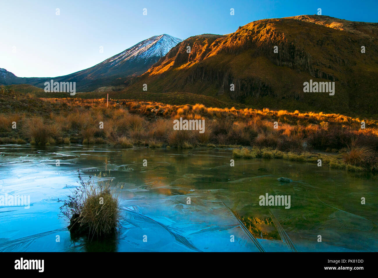 Lever tôt le matin, paysage paysage de lac d'eau pure bleu gelé, montagnes sauvages, énorme volcan avec le pic première couverte par la neige, Nouvelle-Zélande Banque D'Images