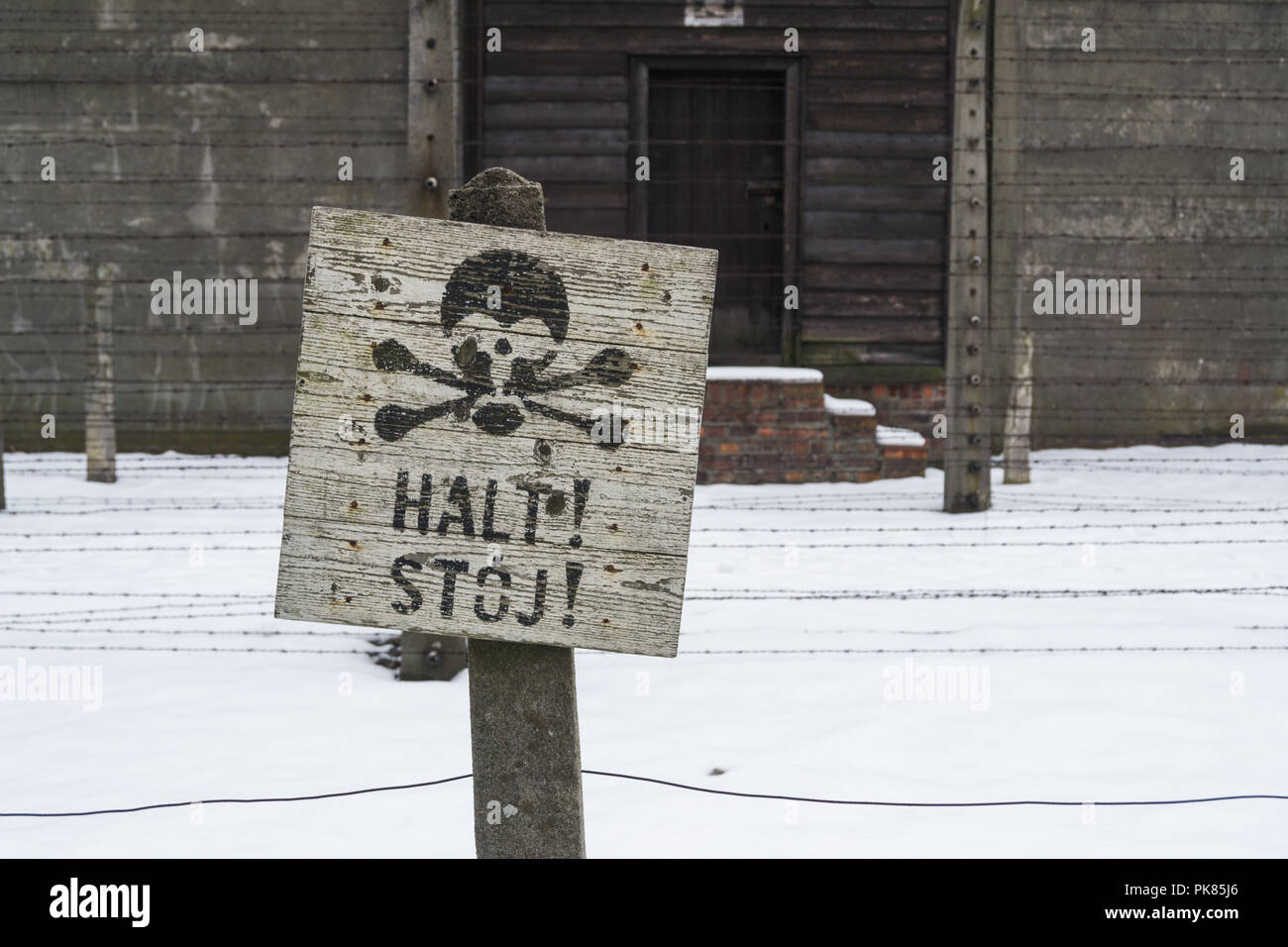 Auschwitz, Pologne - 16 Février 2018 : arrêt de mort signe au camp de concentration Auschwitz Birkenau Banque D'Images