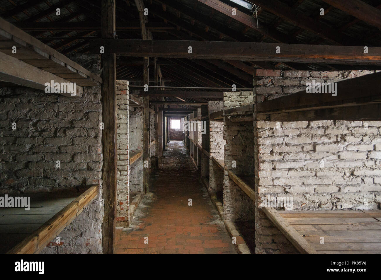Auschwitz, Pologne - 16 Février 2018 : Intérieur de la Caserne du Camp de concentration d'Auschwitz Birkenau Banque D'Images