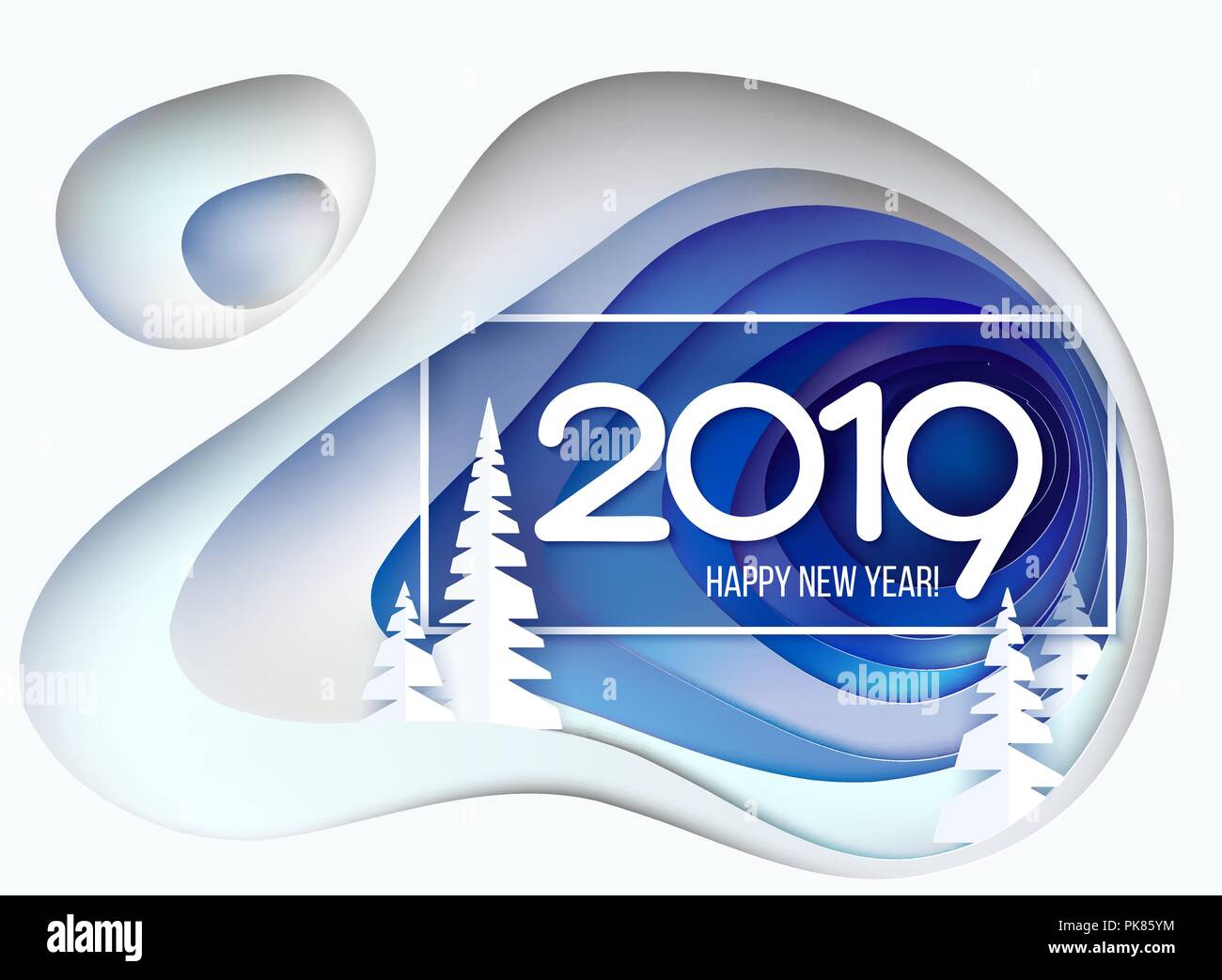 Bonne année carte. La colline de neige fourrure avec arbres et chiffres 2019. Coupe papier hiver craft design. Vector illustration Illustration de Vecteur