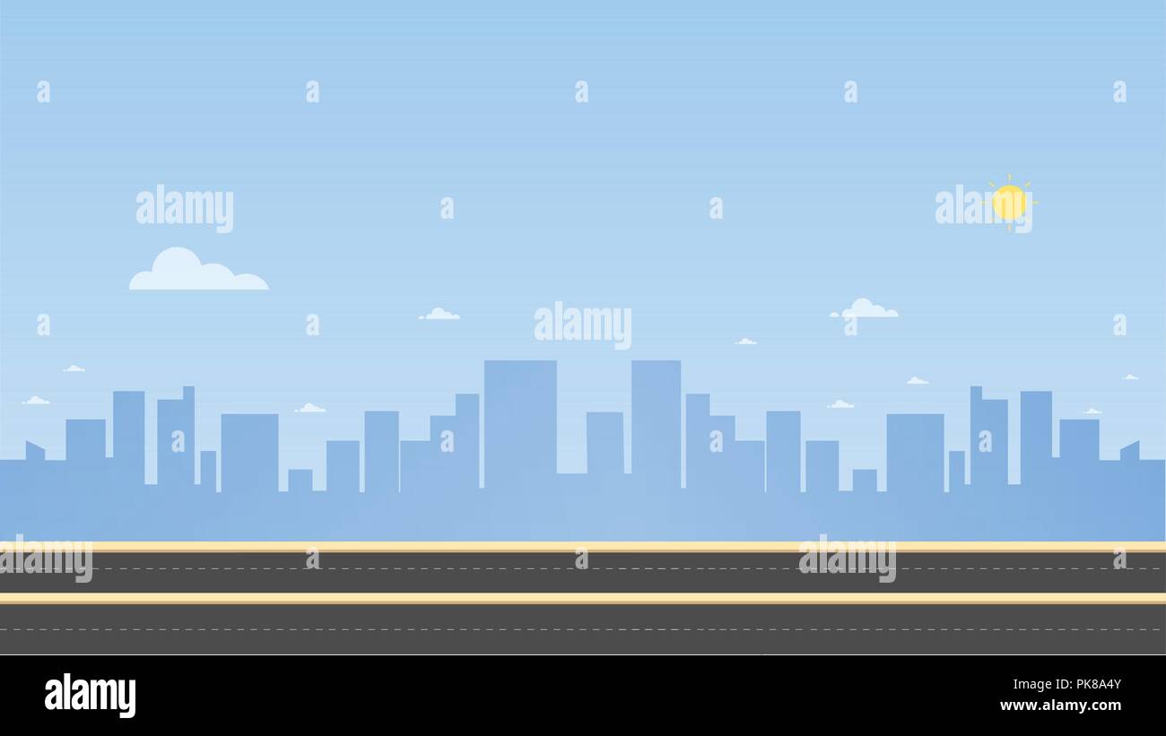 Vue urbaine avec la rue Main et le fond de ciel vector illustration. Paysage urbain. Paysage urbain de jour en style plat. Illustration de Vecteur