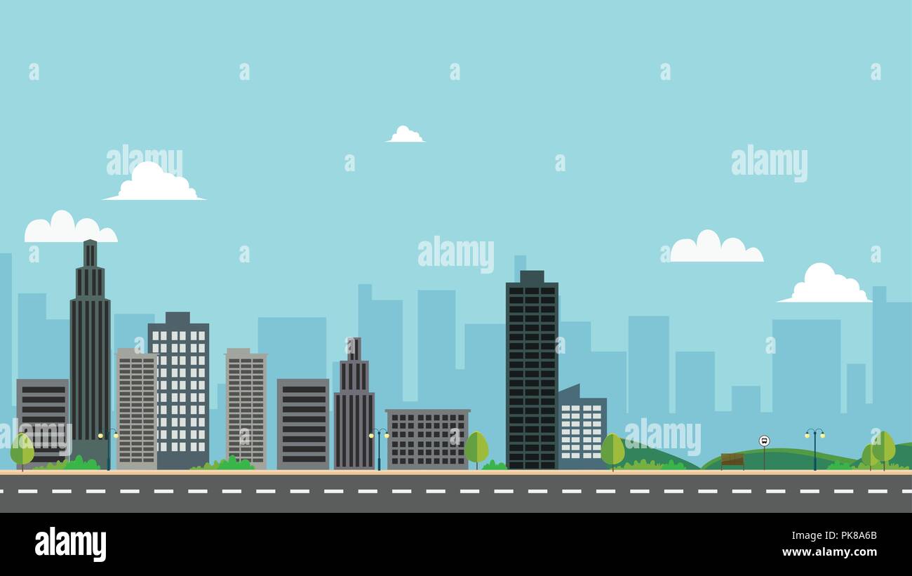 Vue urbaine avec parc et sky background vector illustration.La conception de la ville avec la rue principale et de nuages.Street road avec paysage de ville. Illustration de Vecteur