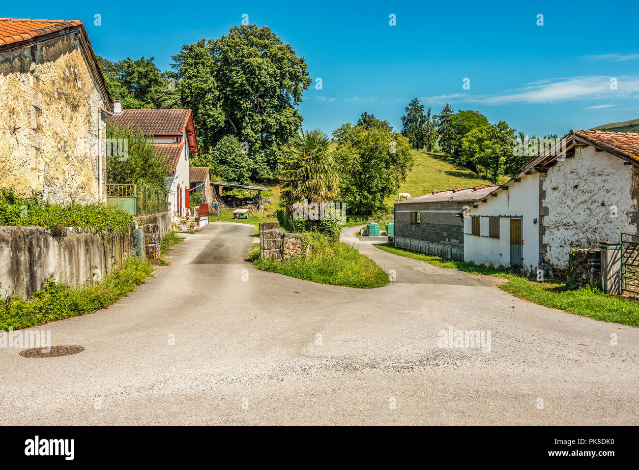 Rue typique du village de bétail dans la région de l'Atlantique des Pyrénées. La France. Banque D'Images