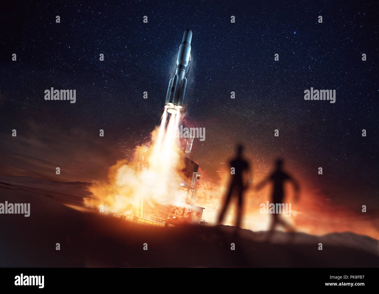 Les gens qui regardent un lancement de fusée dans l'espace à partir d'une plateforme de lancement. 3D Illustration Banque D'Images