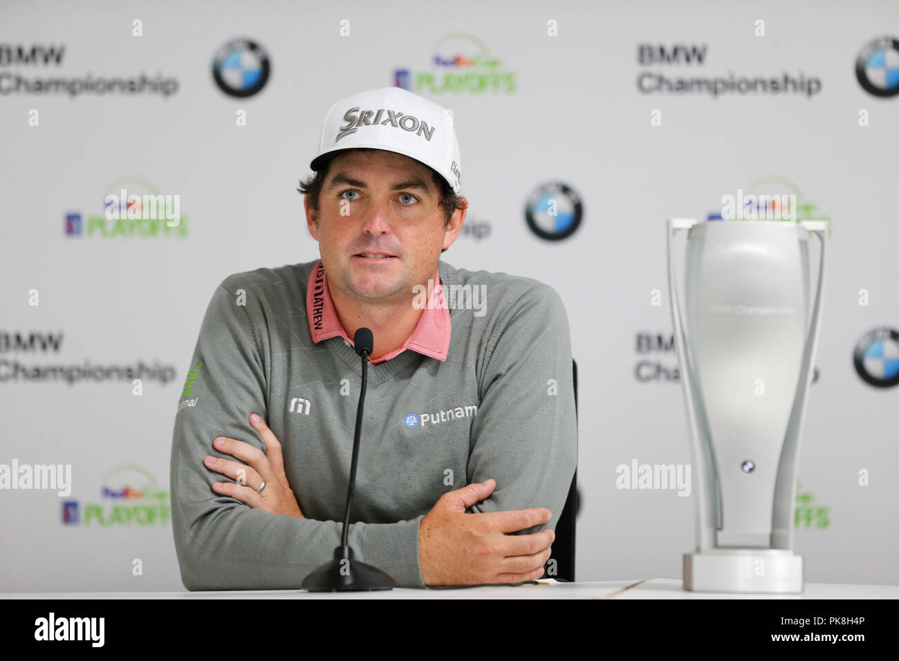 NEWTOWN Square, PA- SEP 10 : Keegan Bradley parle aux médias après avoir remporté le championnat BMW 2018 à Aronimink Golf Club. Banque D'Images