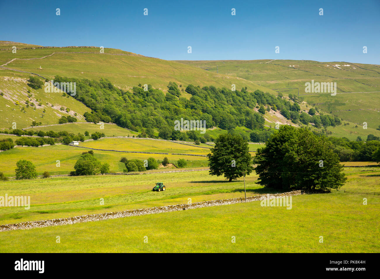UK, Yorkshire, Wharfedale, Hubberholme, agriculture, agriculteur de la tonte hay meadow au soleil de l'été Banque D'Images