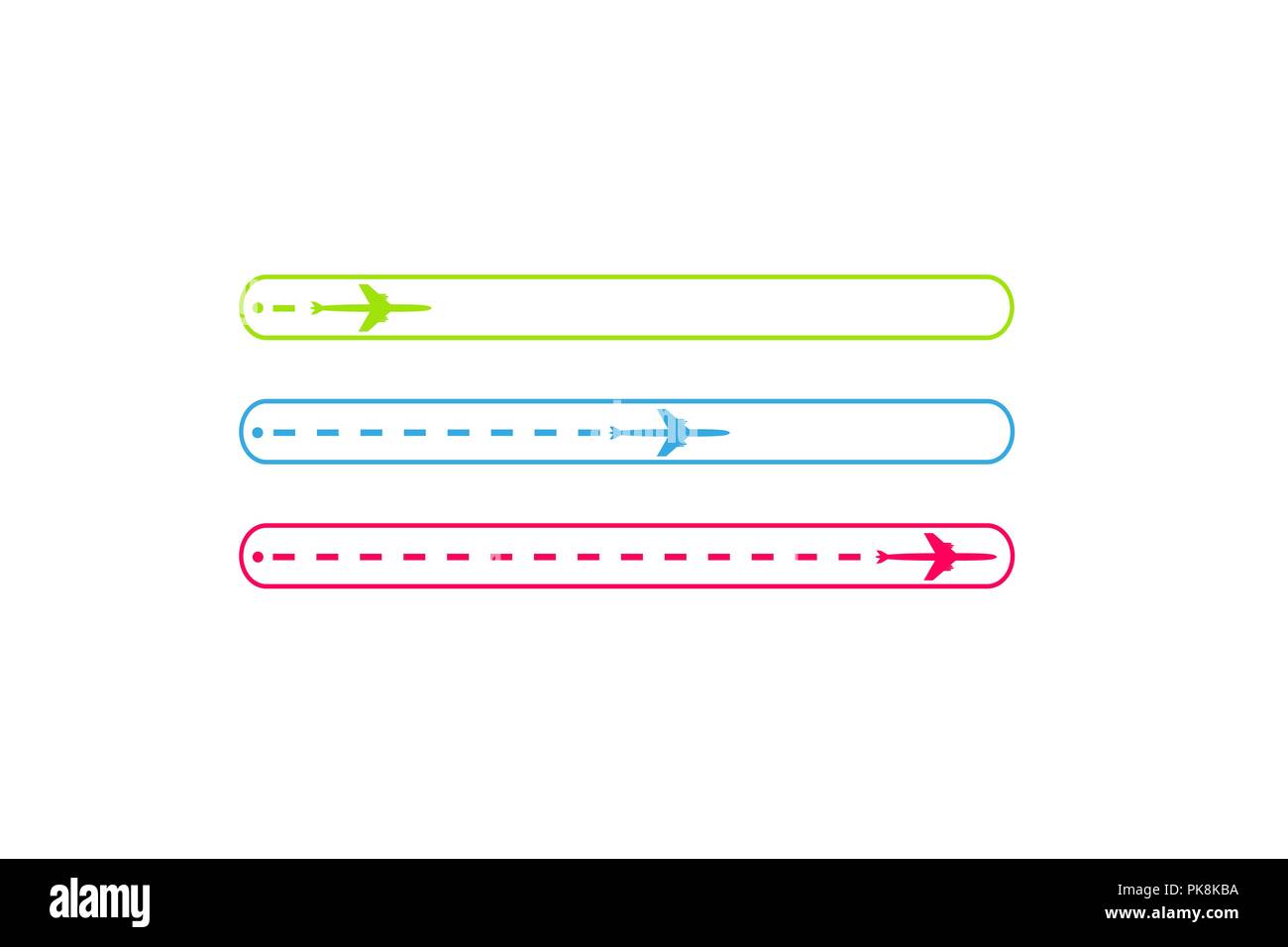 Cours barre de chargement avec avion est en pointillés. L'appartement de vol est noir. Le waypoint est pour un voyage touristique. Tracé sur un fond blanc. Vector illustration. Le tourisme. Les voyages. Illustration de Vecteur
