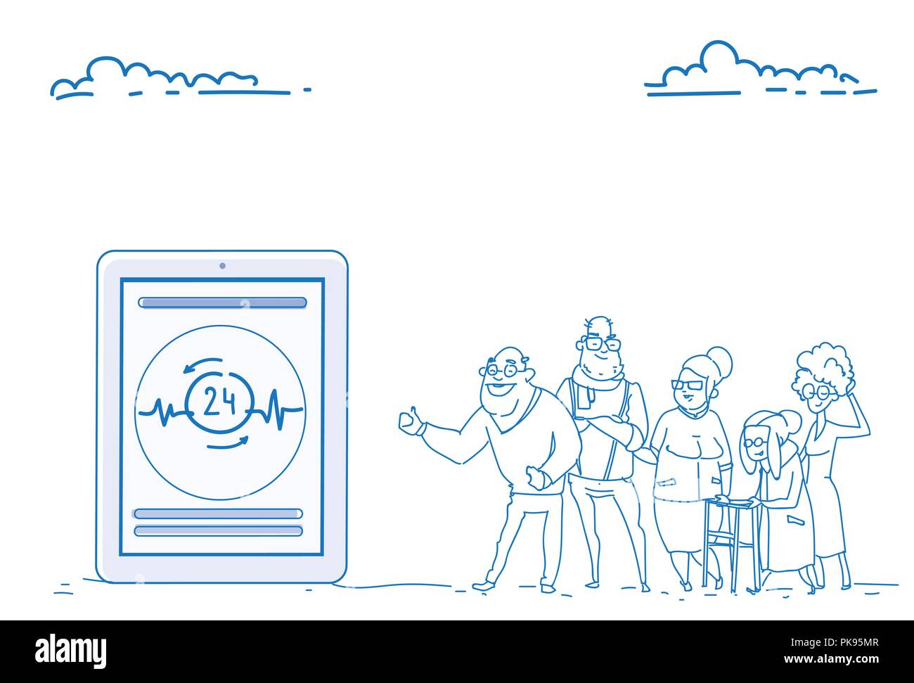 Les personnes du groupe de l'application mobile de soins médicaux en ligne Soins de santé hospitaliers retraités app concept sketch doodle horizontal dessiné à la main Illustration de Vecteur
