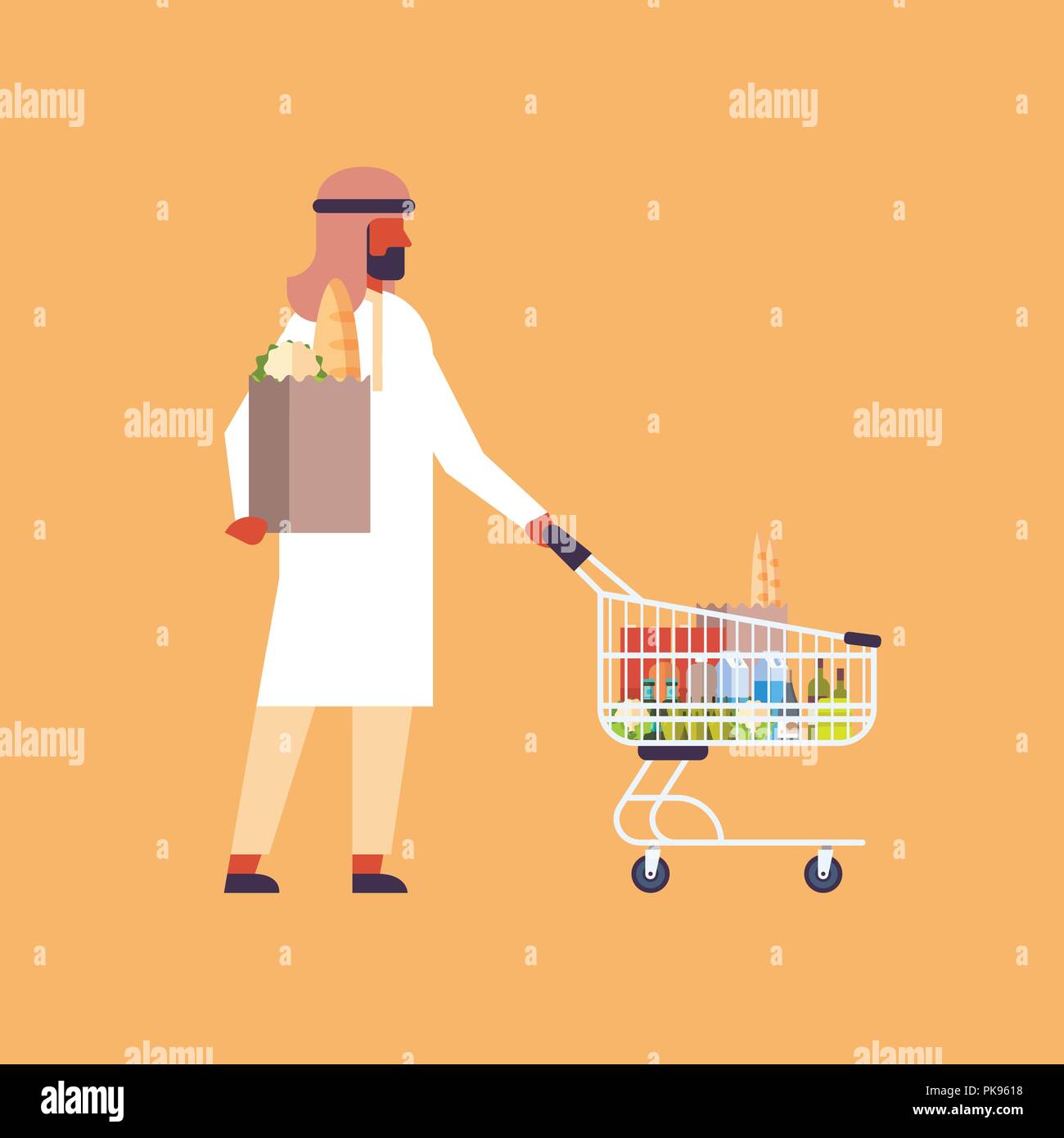 L'arabe homme portant Panier acheter des paquets de papier l'homme arabe concept supermarché client achat produits homme personnages de télévision pleine longueur Illustration de Vecteur