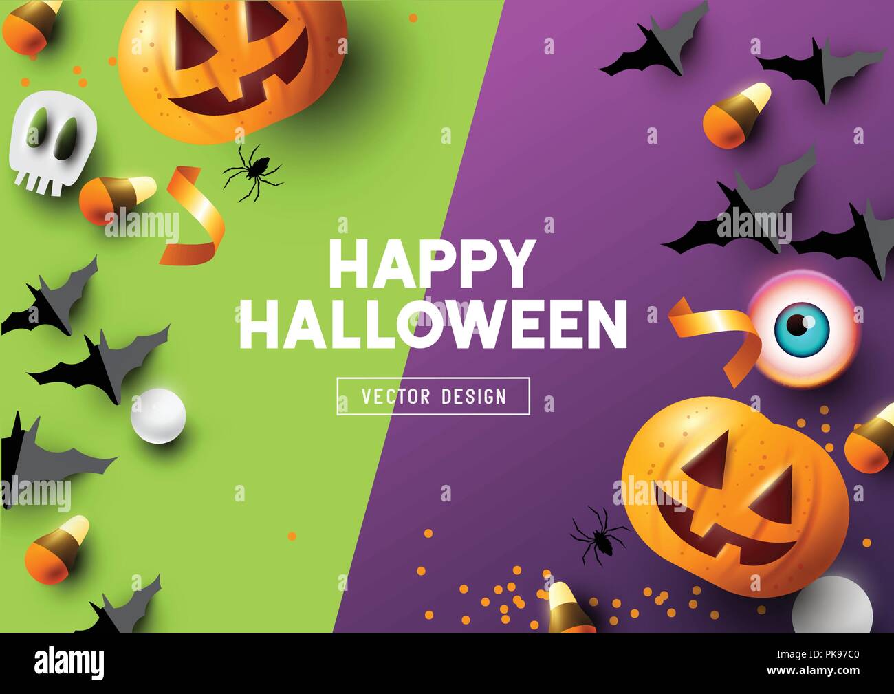 Happy Halloween party la composition avec Jack O' Lantern citrouilles et les décorations de fête sur un fond vert et violet. Vue de dessus l'illustration vectorielle. Illustration de Vecteur