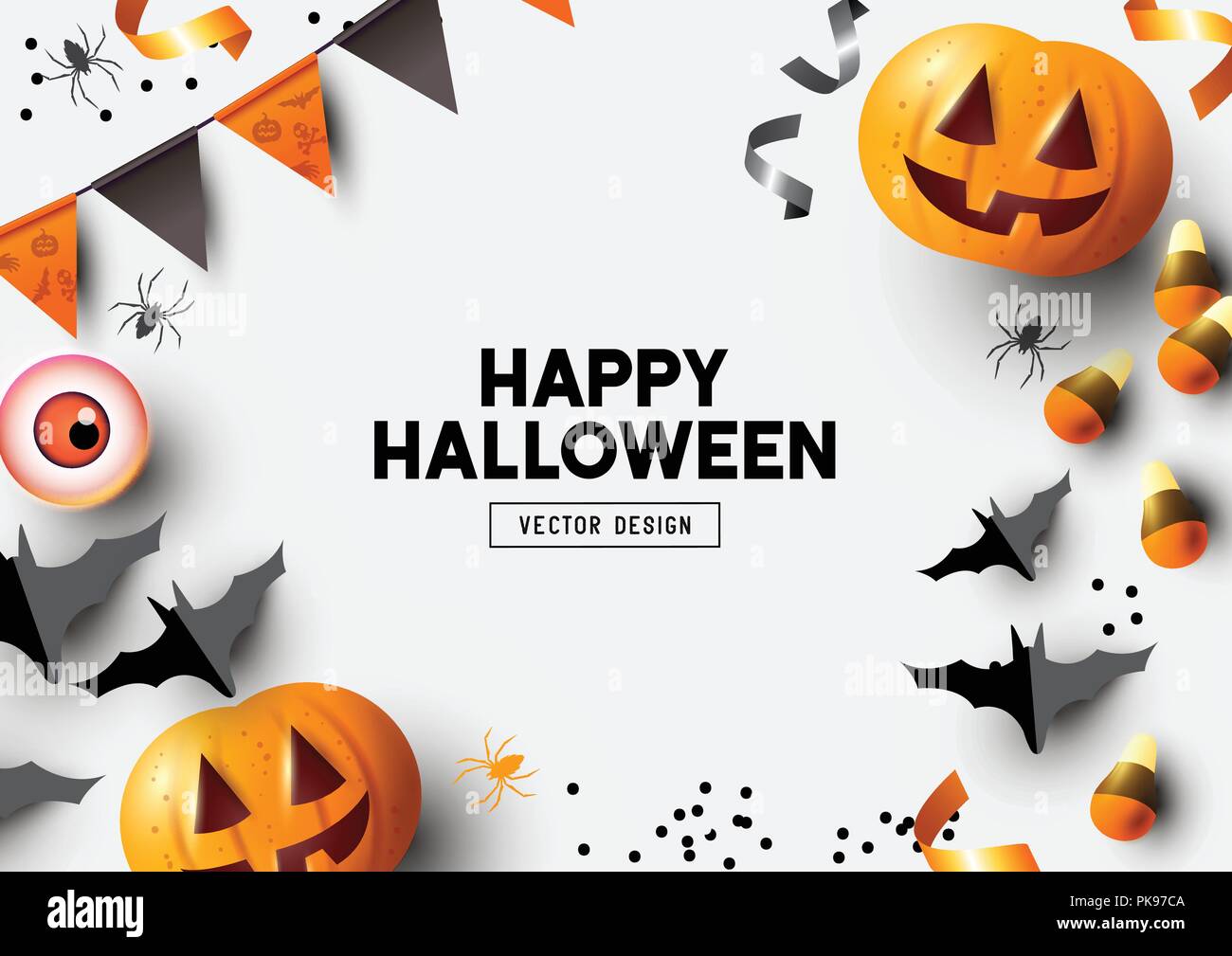 Happy Halloween party label/ invitation Composition avec Jack O' Lantern citrouilles, décorations de fête et des bonbons sur un fond coloré. Haut Illustration de Vecteur