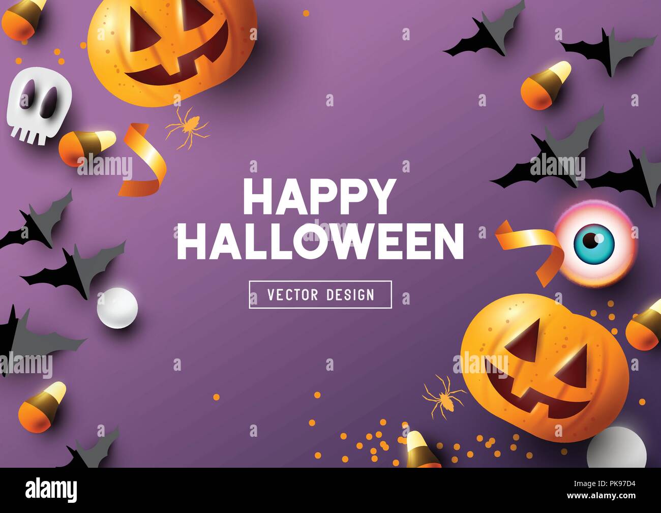 Happy Halloween party la composition avec Jack O' Lantern citrouilles et les décorations de fête sur fond violet. Vue de dessus l'illustration vectorielle. Illustration de Vecteur