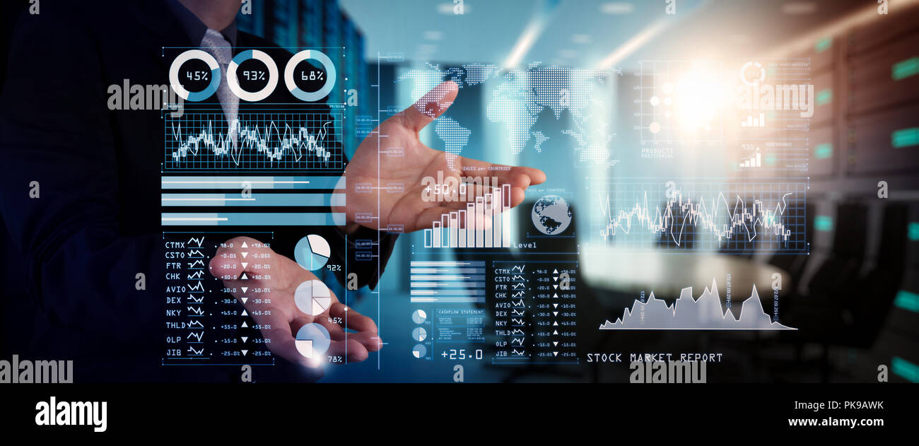 L'analyse des investisseurs rapport de marché boursier et financier tableau de bord avec la business intelligence (BI), avec des indicateurs de performance clés (KPI).businessman hand Banque D'Images