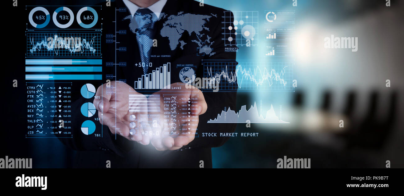 L'analyse des investisseurs rapport de marché boursier et financier tableau de bord avec la business intelligence (BI), avec des indicateurs de performance clés (KPI).businessman hand Banque D'Images