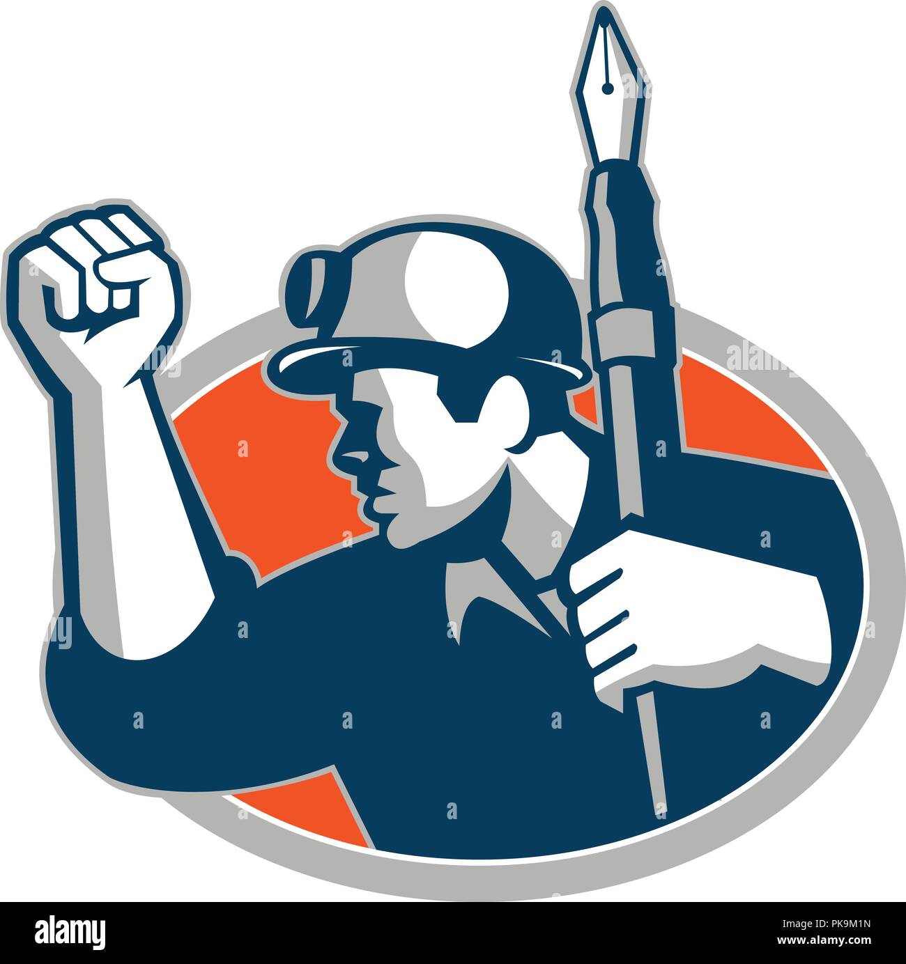 L'icône illustration mascotte d'un mineur de charbon tenant un stylo et faisant un poing situé à l''intérieur de la pompe vu de côté ovale sur fond isolé en retr Illustration de Vecteur