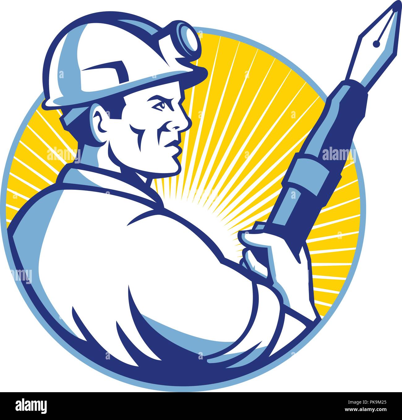 L'icône illustration mascotte d'un mineur de charbon tenant un stylo à l'avant fixé à l'intérieur du cercle vu de côté sur fond isolé en rétro sty Illustration de Vecteur