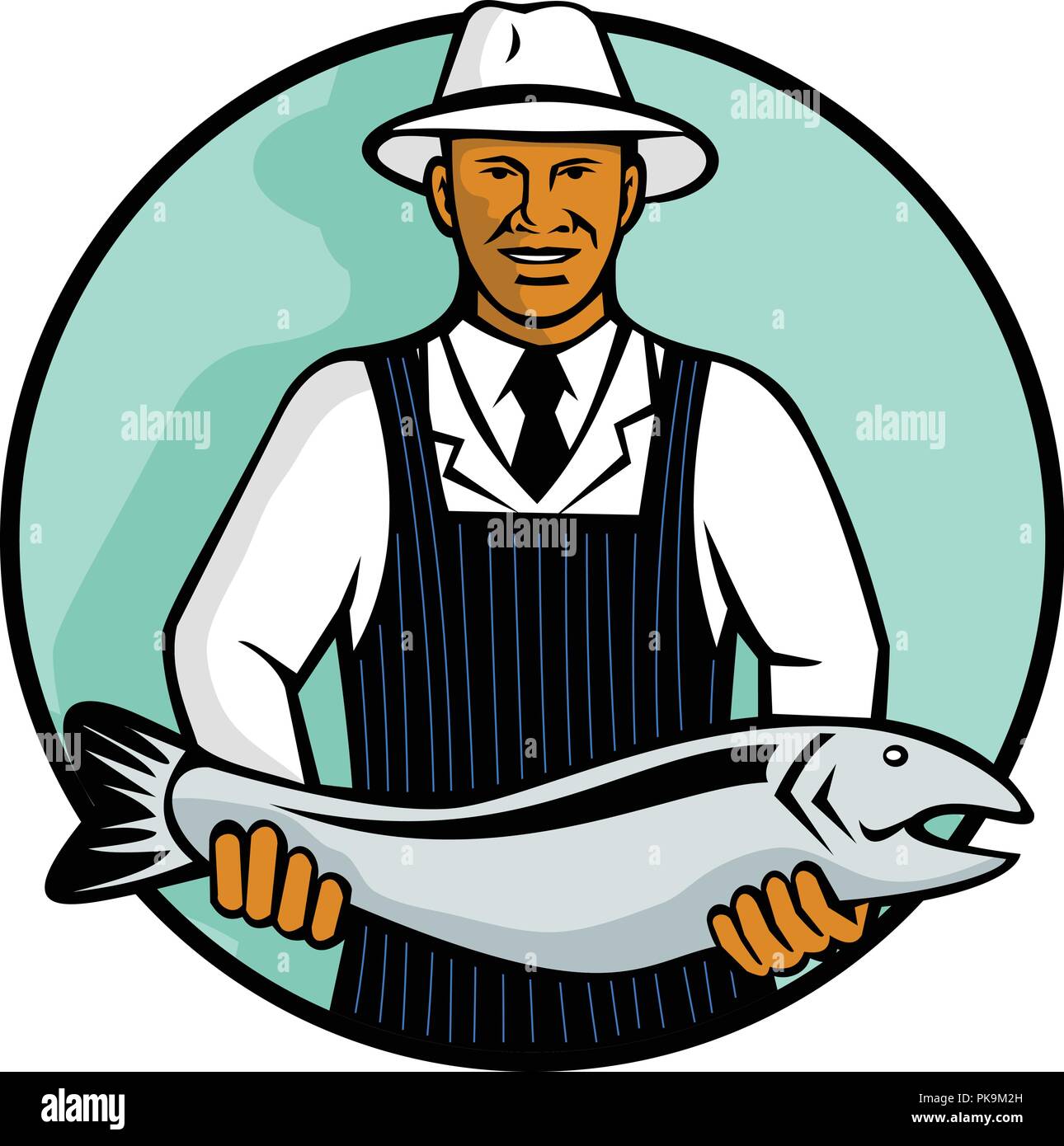 Mascot illustration d'un noir africain-américain tenant un poissonnier poissons saumon truite ou mis à l'intérieur du cercle isolées sur fond blanc fait en retro Illustration de Vecteur