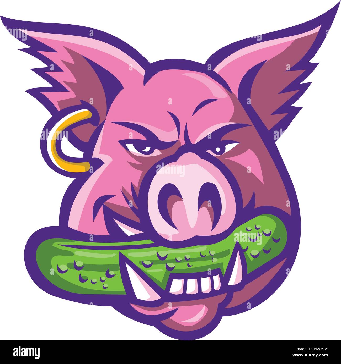 L'icône illustration mascotte de chef d'une rose cochon sauvage, sanglier,  porc ou mordre un cornichon ou cornichon, un cornichon portant une boucle d' oreille sur un background Image Vectorielle Stock - Alamy