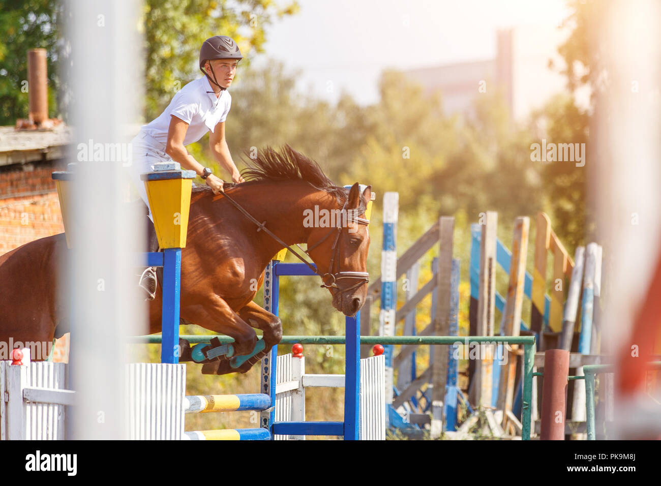 Jeune homme cheval d'équitation sur saut d' Banque D'Images