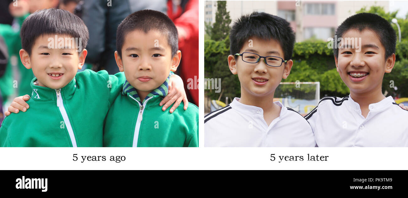 Les deux garçons le contraste des photos avant et après cinq ans Banque D'Images