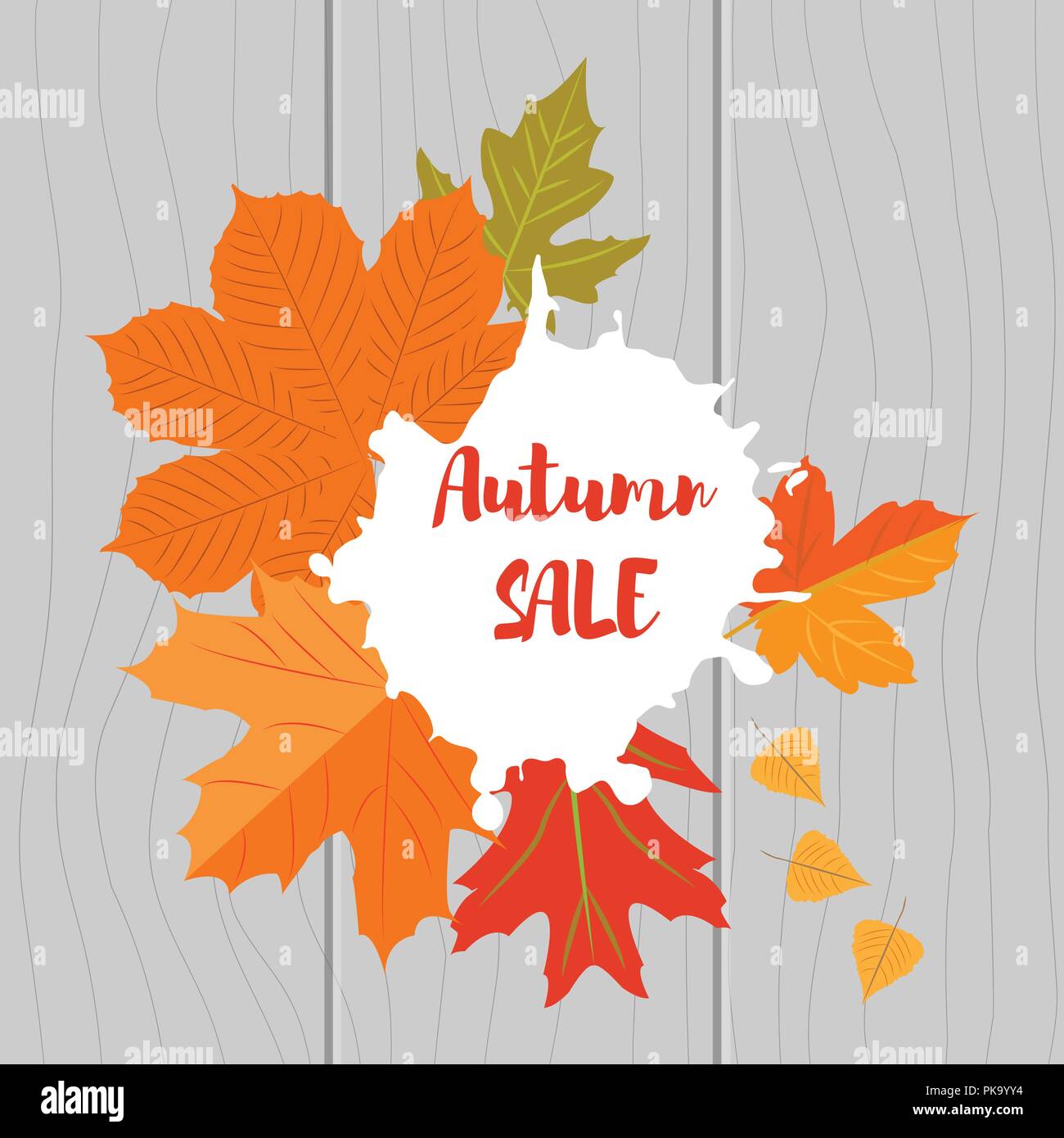 Vector illustration. Ensemble d'automne feuilles jaunes et inscription ventes d'automne sur un fond de bois Illustration de Vecteur