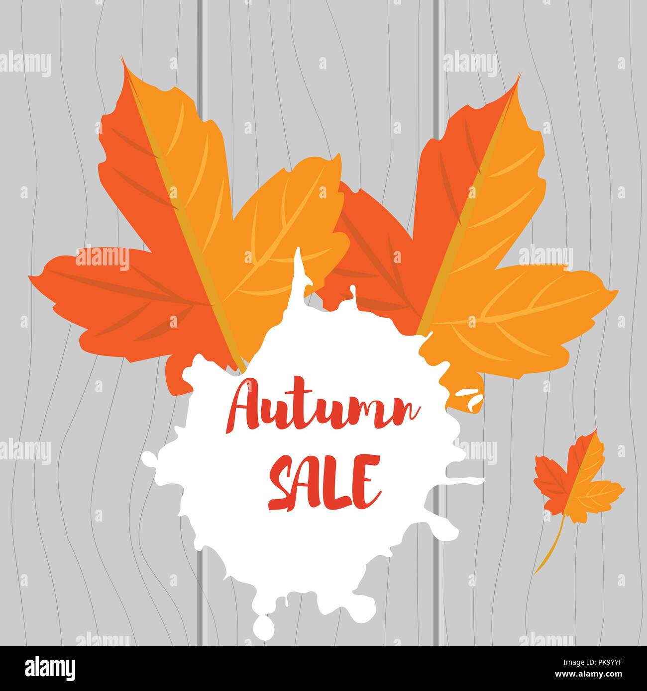 Vector illustration. Ensemble d'automne feuilles jaunes et inscription ventes d'automne sur un fond de bois Illustration de Vecteur