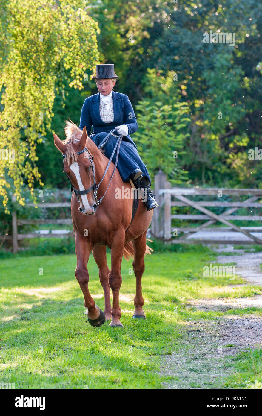 Une jeune femme elegent équitation dans un traditionnel sur le côté portant haut de forme et voile intégral Banque D'Images