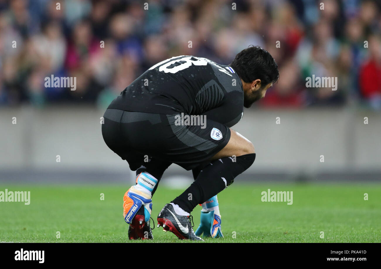 Israël attaquant Guy Haimov réagit à une blessure au cours de l'International Friendly à Windsor Park, Belfast PRESS ASSOCIATION Photo. Photo date : mardi 11 septembre, 2018. Voir l'ACTIVITÉ DE SOCCER histoire n'Irlande. Crédit photo doit se lire : Liam McBurney/PA Wire. Au cours de l'International Friendly à Windsor Park, Belfast PRESS ASSOCIATION Photo. Photo date : mardi 11 septembre, 2018. Voir l'ACTIVITÉ DE SOCCER histoire n'Irlande. Crédit photo doit se lire : Liam McBurney/PA Wire Banque D'Images