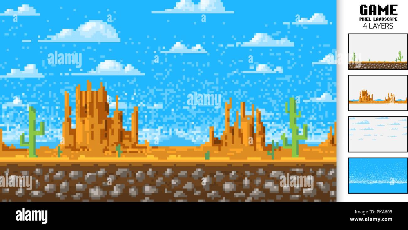 Arrière-plan du paysage, pixel art, 8-bit digital jeu vintage style. interface pour l'application ou un site web. nuages sur les montagnes. Monument Valley. Illustration de Vecteur